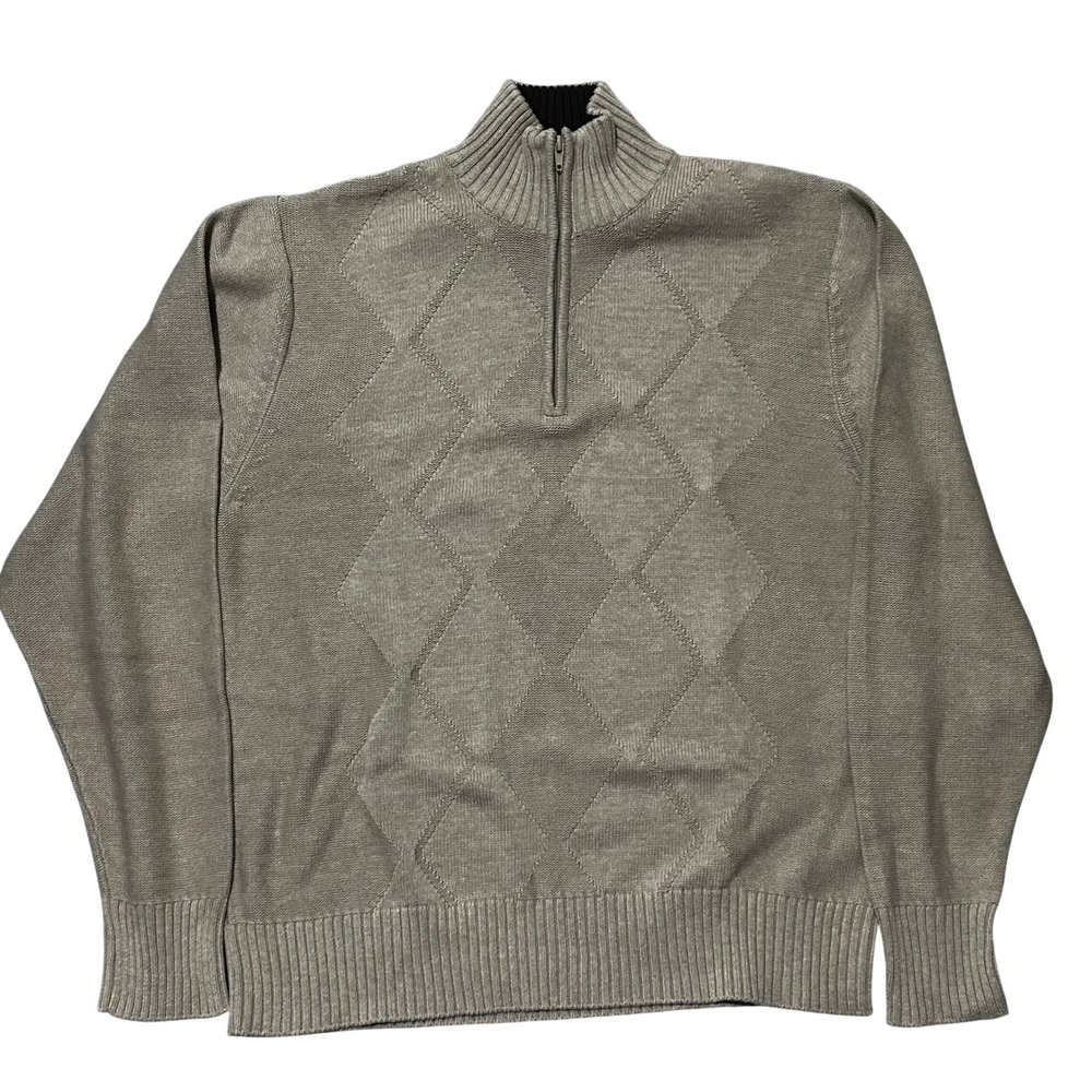 Pronto Uomo Mens Large Tan Cotton Quarter Zip Argyle Textured Knit Sweater L